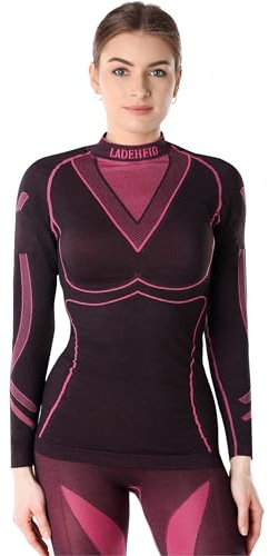 Ladeheid Camiseta Térmica Mujer Manga Larga – Ropa Interior Mujer Deportiva, Elástica, Transpirable y Secado Rápido – Top Funcional para Invierno, Deporte y Uso Diario LAGI004 (Negro/Rosa, M)