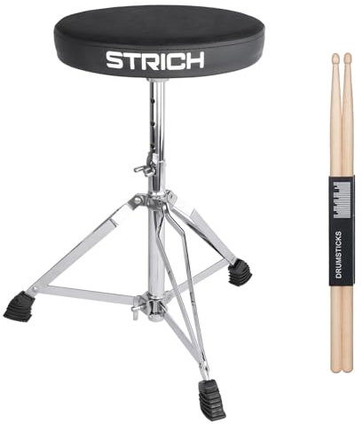 STRICH Drumhocker Set, gepolsterter Sitz, höhenverstellbarer Drum Thron mit 5A Drumsticks für Erwachsene Anfänger-Schlagzeuger, SDB-10 Standard