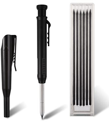 Cobee Matite meccaniche da carpentiere con 6 ricariche, matite da carpentiere solide con temperamatite incorporato per la lavorazione del legno con fori profondi per creare matite automatiche(nero)