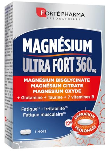 Forté Pharma - Magnésium Ultra Fort 360mg - Complément Alimentaire - Magnesium complex (bisglycinate, citrate) - Taurine, Vitamines B6 B12, Glutamine - Fatigue, Système nerveux - 30 comprimés, 1/jour