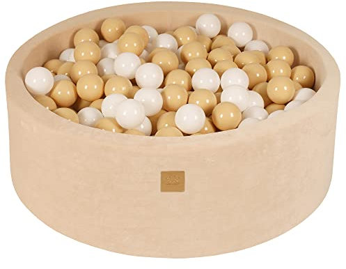 MEOWBABY Bällebad Baby - Rund 90x30cm Ballgruben für Kinder mit 200 Bälle, Samt, Ecru: Weiß/Beige