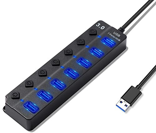 Hoppac Hub 7 en 1 Multiprise avec USB 3.0 Et 2.0, Port Multiple pour PC, Transfert De Données Et Recharge, Interrupteur Et Lumière LED, 1M