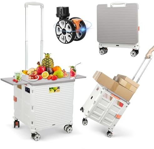 Foldable Shopping Trolley Collapsible Portable Utility Cart, Tote Basket with Magnetic Lid Rolling Crate with Telescoping Handle, 360°Rotate Wheel, Lightweight Storage Box Heavy Duty 55kg -White