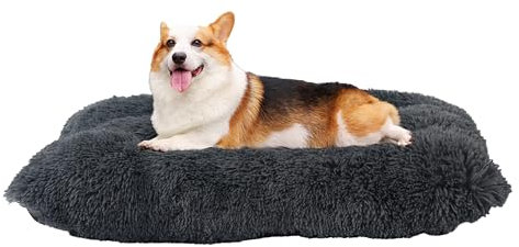HMTOPE Hundebett, Flauschige Hundematten, Länger Plüsch Hundekissen, Waschbar, rutschfeste Unterseite, 90 cm für Mittelgroße Hunde, Dunkelgrau