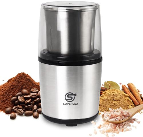 SUPERLEX Kaffeemühle elektrisch mit 100g Füllmenge, 200 Watt Edelstahl Gewürzmühle Abnehmbare Edelstahlbehälter für Kaffeebohnen Körner Zimt Gewürz