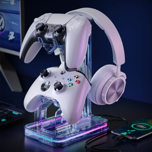 Luckit Gaming Headphones Stand, RGB Headset Stand with 2 USB Charging Ports, Dual Controller Holder with Light Modes, Earphone Hanger Accessories for Desktop Gamer