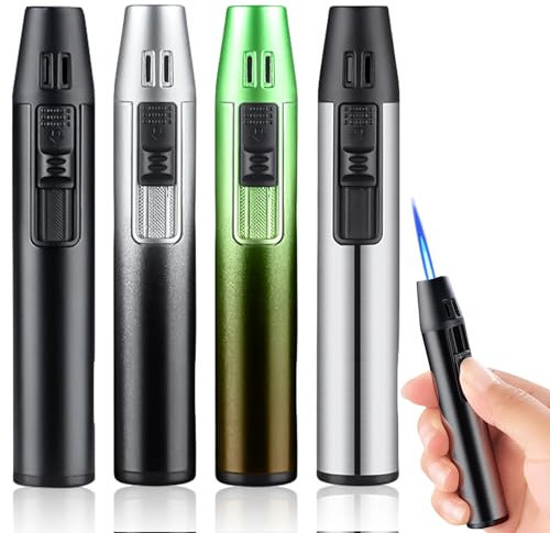 4 Stück Jetflamme Feuerzeug, Sturmfeuerzeug Gas Nachfüllbar, Geschenke für Männer, Feuerzeug Sturmfeuerzeug, Winddicht Langes Stabfeuerzeug Elektrisches für Kerzen, Grill, Küche, Kamin(ohne Gas)