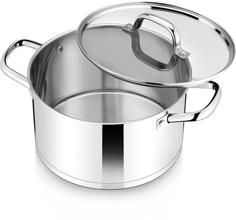 Herogo 4.5L Stock Pot, Stainless Steel Soup Pot with Clear Visible Lid, 22cm Induction Stockpot for Soup, Tri-Ply Bottom for All Stoves, Heavy Duty for Stewing/Cooking, U-Shaped Handle, Silver