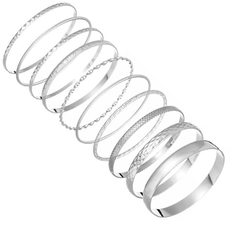 Silver Bangles for Women 10 Pcs Indian Stackable Bracelet Set for Girls