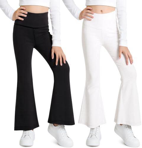 Domueay Leggings para Niñas Acampanados Mallas de Campana Pack de 2 Cintura Alta Elástico Suaves Pantalón Corte de Bota Bootcut Legging Infantiles Deportiva Ropa para 7-8 años, Negro Blanco