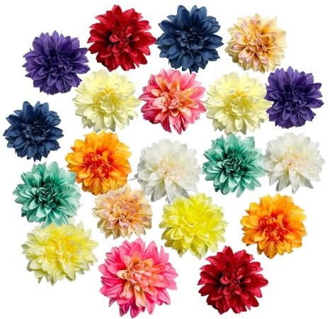 20 Pcs Dahlias Artificial Flowers Heads,Faux Dahlias Silk Flowers for Crafts with Clips,Tropical Faux Flower Cake Decorations Wreath Making Supplies for Wedding Party Birthday Gift Décor (Multicolour)