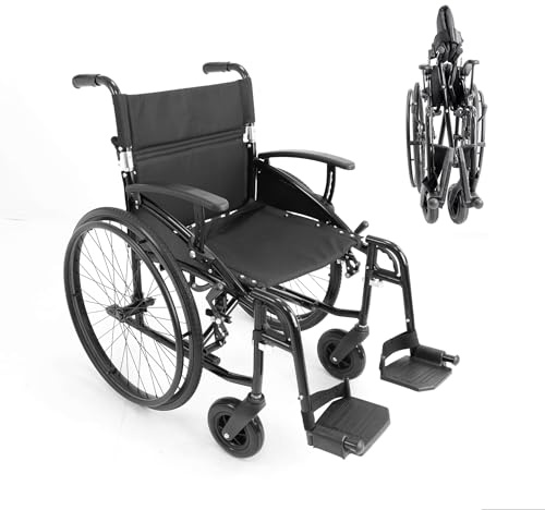 KMINA Fauteuil Roulant Pliable Léger en Aluminium (Assise 46 cm), Autopropulsé, Dossier et Repose-pieds Rabattables, Accoudoirs Réglables, Ceinture et Frein à Main