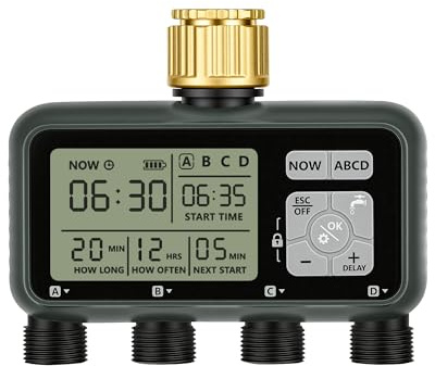 WILAWELS Ordenador de Riego de 4 Zonas, Programador para Manguera de Jardín, Temporizador de Riego Automático, para Grifo, Retraso por Lluvia, con Bloqueo de Seguridad, Patio, Jardín y Césped