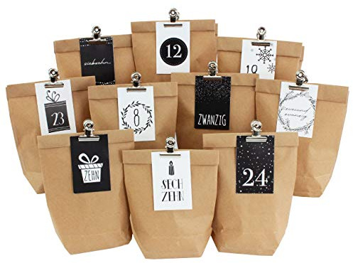 Papierdrachen Calendario dell'Avvento fai da te per riempire te stesso, 24 sacchetti regalo, etichette con numeri e clip metalliche, Natale, bianco e nero, versione tedesca