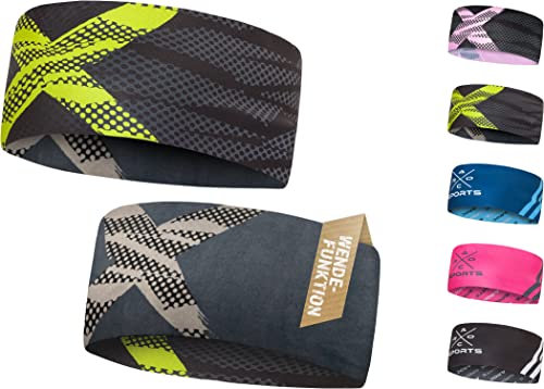 Atmungsaktives Sport Stirnband Damen & Herren - schnelltrocknendes Kopfband zum Wenden - leichtes & elastisches Haarband, winddichtes Schweißband Stirn (neon/grau)