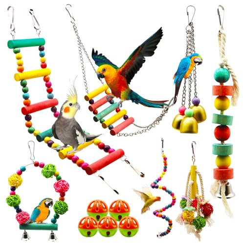 MQUPIN Vogelspielzeug 14 Stück Vogel Papagei Schaukel, Holzleitern Hängematte Papagei Spielzeug, Vogelkäfige Zubehör für kleine mittlere Papageien Nymphensittiche(14er Pack)…