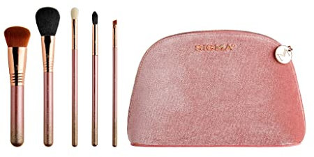 Sigma Beauty Modern Glam Brush Set - Includes 5 Pink & Rose Gold Makeup Brushes with Chic Makeup Bag - 2 Eye Brushes, 1 Foundation Brush & 1 Powder Brush - Vegan, Hypoallergenic, Synthetic