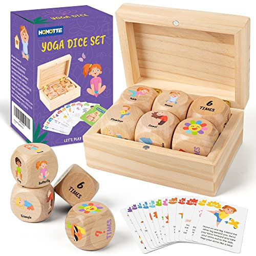 Homotte Set di dadi da yoga in legno per bambini, divertente gioco di allenamento con 6 cubi di esercizio, 12 carte yoga e una scatola, per la festa della mamma, per lo yoga di Natale per ragazze e