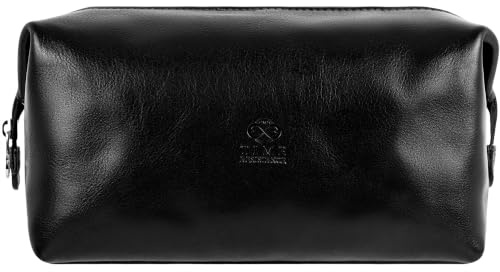 Beauty Case Uomo Pelle Realizzato in Italia da Esperti Artigiani – Beauty da Viaggio, Apertura Ampia – Borsa da Toilette da Viaggio – Time Resistance (Nero)