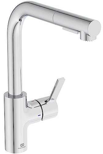 Ideal Standard - Gusto Mitigeur Robinet Cuisine, Col de cygne, Douchette extractible 1 Jet, Cuivre, Bec pivotant, Installation facile, Aérateur intégré, Flexibles inclus, BD414J4