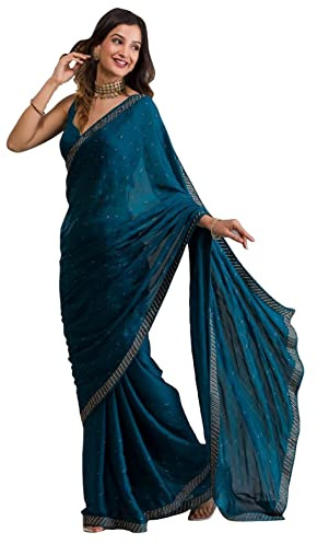 TRENDMALLS Women's Moss Chiffon Siroski work Saree with Belt Unstitch Blouse Piece (K961-Morpeach)