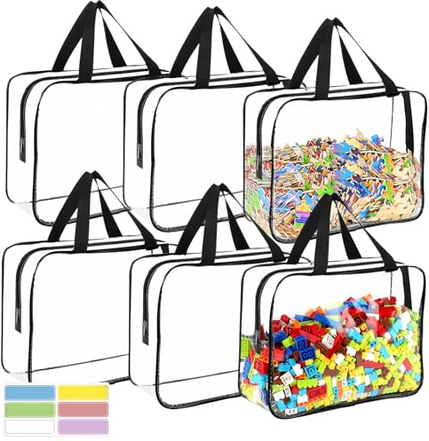 6 Packs Large Toy Storage Bags with Labels, Reusable Clear PVC Board Game Storage, Travel Waterproof Organizer Bags with Zipper for Building Blocks, Puzzle, Kids Books