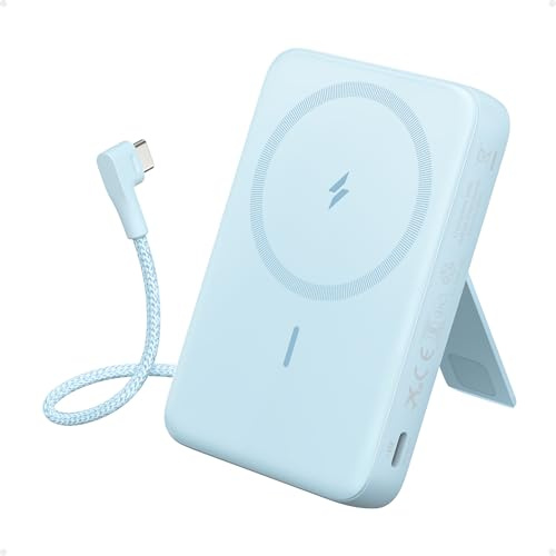 Anker Zolo Magnetisk Powerbank, 10,000mAh Trådlös Bärbar Laddare med 30W Max Snabbladdning, Batteripaket med Inbyggd USB-C Kabel och Justerbart Stativ, För iPhone 16/15/14 Serien, AirPods, och Mer | Inbyggt och justerbart stativ för iPhone 15/14, AirPods och mer