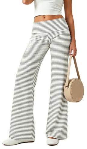 NZNDSHD Pantalones de yoga plegables para mujer, de tiro bajo, pierna recta, pantalones deportivos Y2K, color sólido, elásticos, sueltos, para gimnasio y descanso, Gris claro a rayas , S