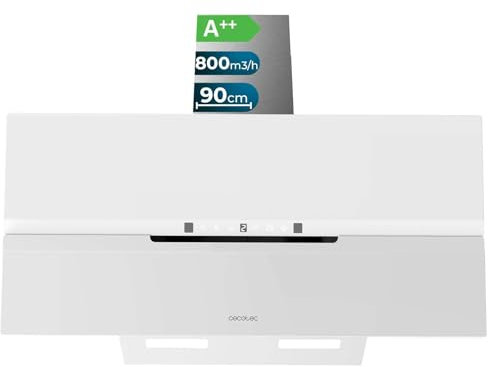 Cecotec Campana Extractora Decorativa 90Cm Bolero Flux Dt 908010 Glass White A++. Acabado Vidrio Blanco Mate, Succión 800M3/H, Motor 210W, Apertura Automática, Filtro Carbono