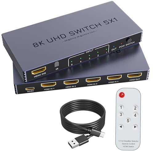 New Upgrade 8K HDMI Switch 5 in 1 Out, Hdmi Splitter with Remote 5 Port Switcher Selector Box Support 3D//HDR/HDCP2.3, HDMI 2.1 Switch Box Compatible with PS 5/4/3 Xbox Switch DVD Player TV PC