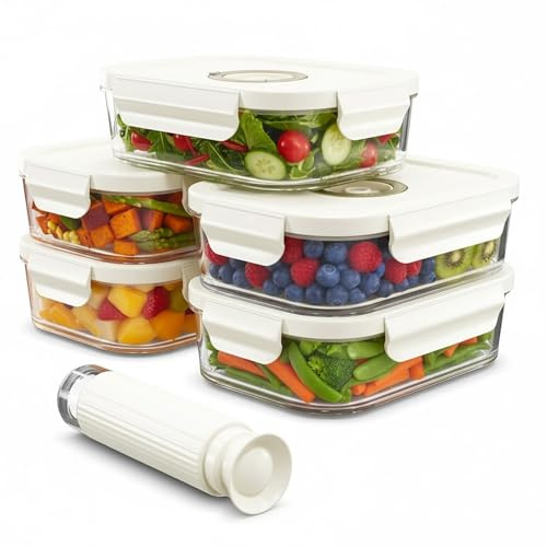 SPARES2GO Boîtes de conservation sous vide en verre avec couvercles à clips (Lot de 5, format moyen, 1040 ml) + Pompe manuelle