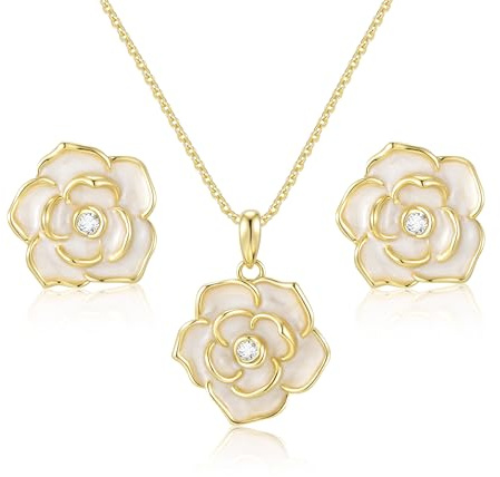 Rose Fiore Orecchino Collana Set - 14K Placato Oro Ipoallergenico Gioielli Set Per Donne Cubico Zirconia Florale pendente Collana di Camelia Sposa da Sposa Anniversario Regalo Di Compleanno (Oro-1)