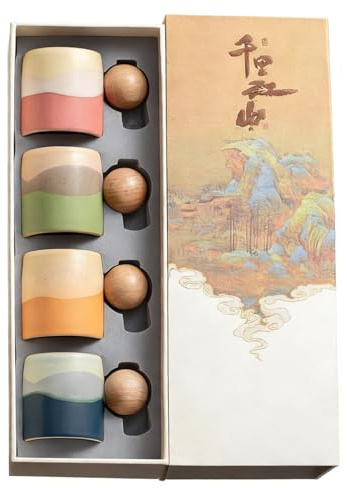 ZPGXLRZ 2.4oz Ceramic Espresso Cups Set of 4, Small Coffee Cups with Wooden Handle, Gradient Color Demitasse Cups, Ceramic Tea Cups Gift Box Packaging (Round Handle)