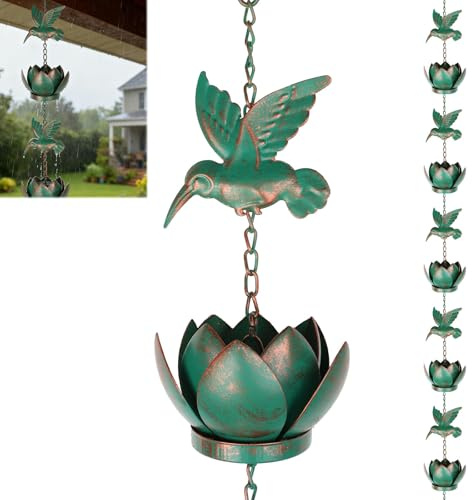 BigKing Cadena para agua de lluvia de Colibrí Loto para canalones, 2,4 m, cadena impermeable colgante con gancho, cadena de lluvia para canalones exteriores, Eaves Drainage (verde esmeralda)