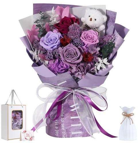 Emibele Mother's Day Preserved Flower Bouquet Gifts for Mom, Flowers for Delivery Prime, Purple Eteranl Roses Bouquets with Bear, Gifts for Women Wife Grandma on Valentines Birthday Anniversary