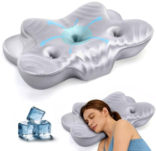 CCidea Dual Ear Relief Zone Contour Pillow, Ice Silk Satin Cervical Memory Foam Pillow for Sleeping, Ergonomic Neck Support for Side, Back & Stomach Sleepers