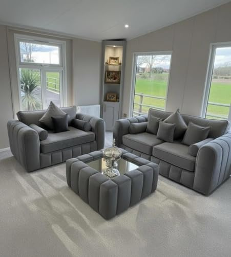 3 + 2 Seater Lilly Sofa Set for Living Room with Free Coffee Table | Comfortable Fabric Sofa Set | Modern Design | Available in Beige, Cream, Dark Grey & Silver (Grey)