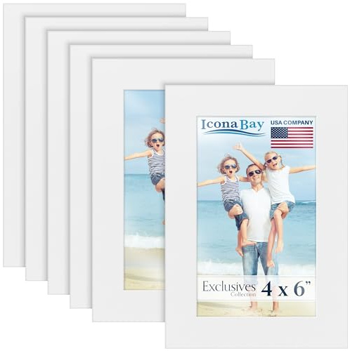 Icona Bay - 6x4 Picture Frames - White, 6 Pack - Sturdy Engineered Wood Photo Frames 6 x 4 - Sleek Design, Table Top or Wall Mount - Exclusives Collection