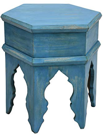 Marokkanischer Vintage Beistelltisch Hocker aus Holz Inam Blau ø 50cm rund | Orientalischer runder Tisch Blumenhocker klein für Wohnzimmer oder Küche | Orientalische Beistelltische als Dekoration
