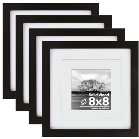 Egofine 8x8 Picture Frames 4 PCS - Made of Solid Wood Covered by Plexiglass Display 4x4/6x6 with Mat or 8x8 without Mat, for Table Top Display and Wall Mounting Photo Frame Black