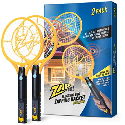 ZAP iT! Electric Fly Swatter Racket & Mosquito Zapper with Blue Light Attractant - High Duty 4,000 Volt Electric Bug Zapper Racket - Fly Killer USB Rechargeable Fly Zapper Indoor Safe - 2 Pack, Yellow