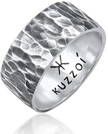 Kuzzoi Herrenring im Hammerschlag Design, Bandring massiv 10 mm breit in 925 Sterling Silber, Silberring gehämmert oxidiert, Ring für Männer im Biker Look, Ringgröße 64, 0604992820_64