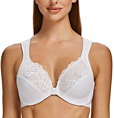 MELENECA Front Fastening Bras for Women Plus Size Underwire Unlined Lace Cup Cushion Strap White 46G