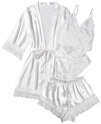 WDIRARA Women' Silk Satin Pajamas Set 4pcs Lingerie Floral Lace Cami Sleepwear with Robe Snow White M