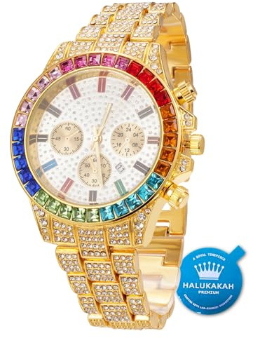 HALUKAKAH Reloj de Oro con Diamantes Multicolor,Hombre Chapado en Oro de 18 Quilates Plated 40MM Ancho Blanco Esfera Cuarzo 21cm,Caja de Regalo