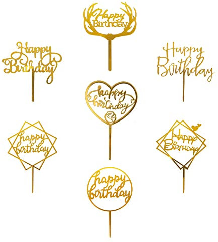 Happy Birthday Cake Topper,7 pcs Decoration Gateau Anniversaire Topper Happy Birthday Acrylique Paillettes Cupcake Toppers,pour Fêtes Anniversaire Enfants Adultes(Or)