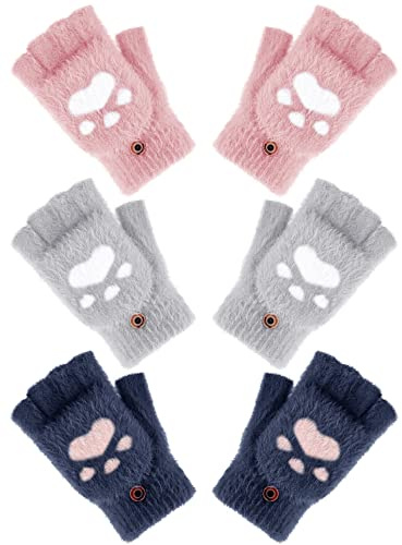 Bencailor 3 Paires Gants d'Hiver Patte de Chat Gants à Rabat Chauds Mitaines Convertibles pour Femme(Gris Clair, Rose, Bleu Marine)