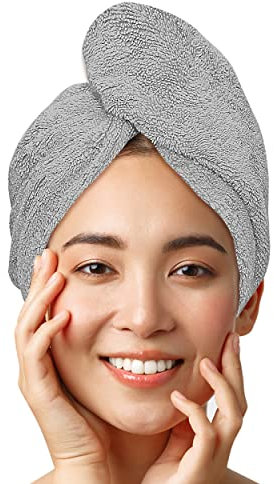 LUXTOGO® Haarturban-Premium Haarhandtuch 100% Baumwolle, Hochwertiges Turban Handtuch mit Knopf und Gummizug, Super Saugfähiges Kopfhandtuch (1 STK Grau)