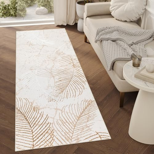 TAPISO Crystal Läufer Teppich Glänzend Gold Beige Braun Blätter Palmenblätter Wohnzimmer Schlafzimmer Flur Korridor Modern Design ÖKO-TEX 100 x 350 cm