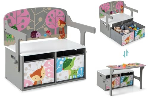 COSTWAY Kids Table and Chair Set, Convertible Toy Storage Bench with 2 Removable Fabric Bins, Multifunctional Organizer Chest for Children Room, Playroom, Kindergarten (Grey)